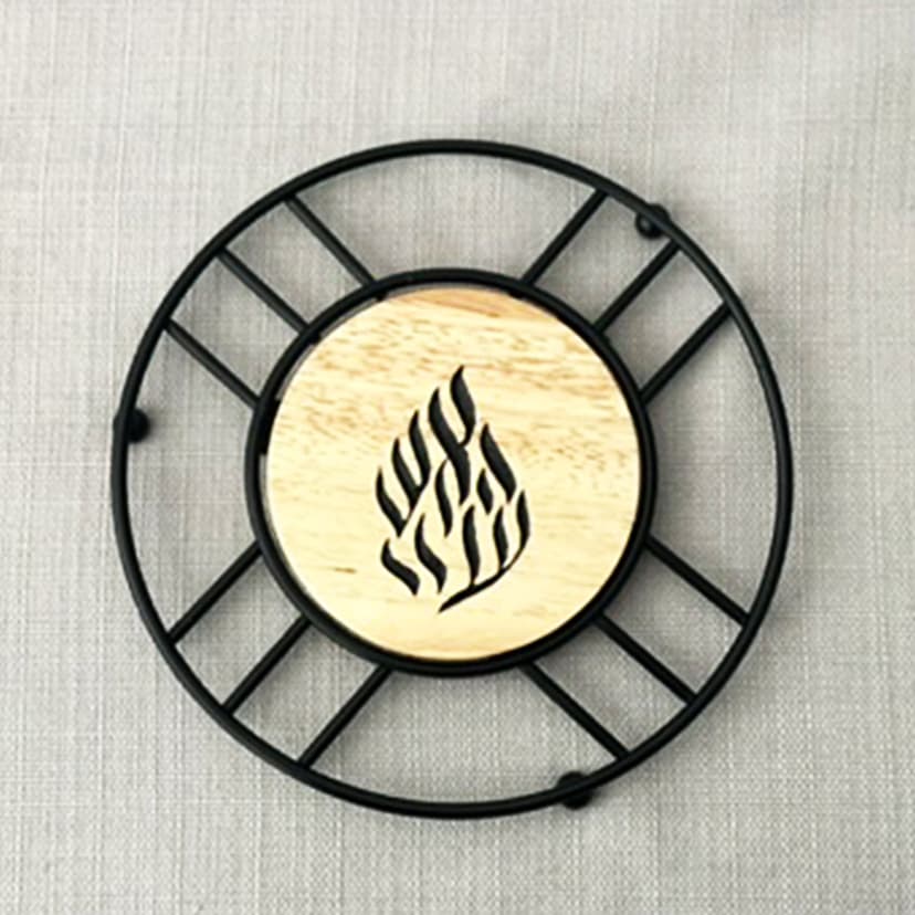 Breslev Flame Wooden Trivet with Metal Holder – Hot Pot & Plate Stand – Handmade Balsa Wood Kitchen Décor